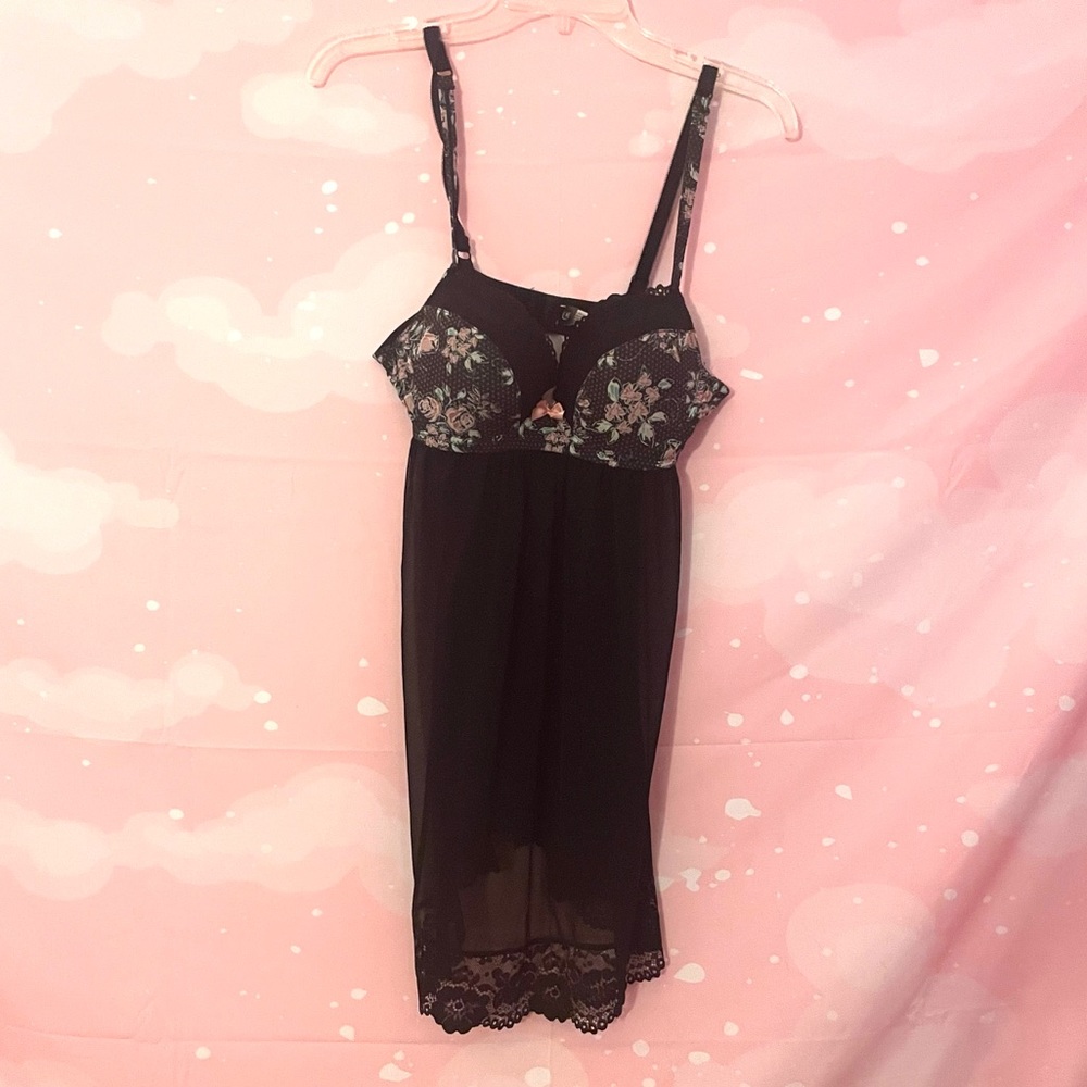 adore me babydoll slip dress lingerie in black with floral